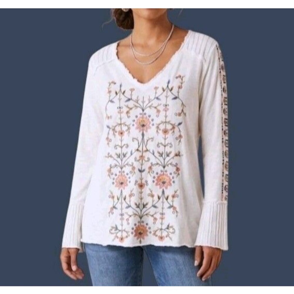 SUNDANCE White Embroidered Floral Long Sleeve Top V Neck Cotton - L